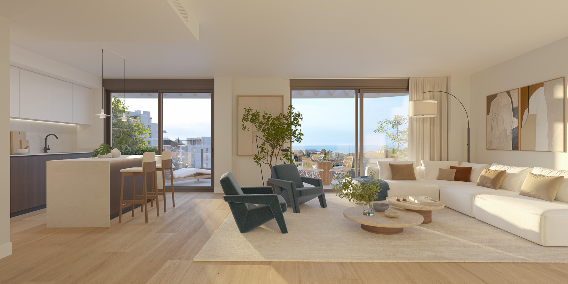 A living room open to the kitchen, with a breakfast bar and glass doors to the terrace. The Kove, Hipódromo, Mijas.