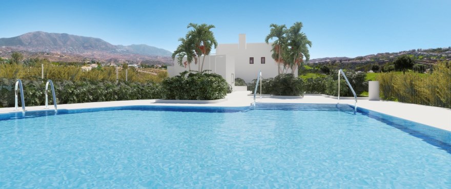 The shared pool, with palms beside it and a white house beyond. The Meadows, La Cala Golf, Mijas.
