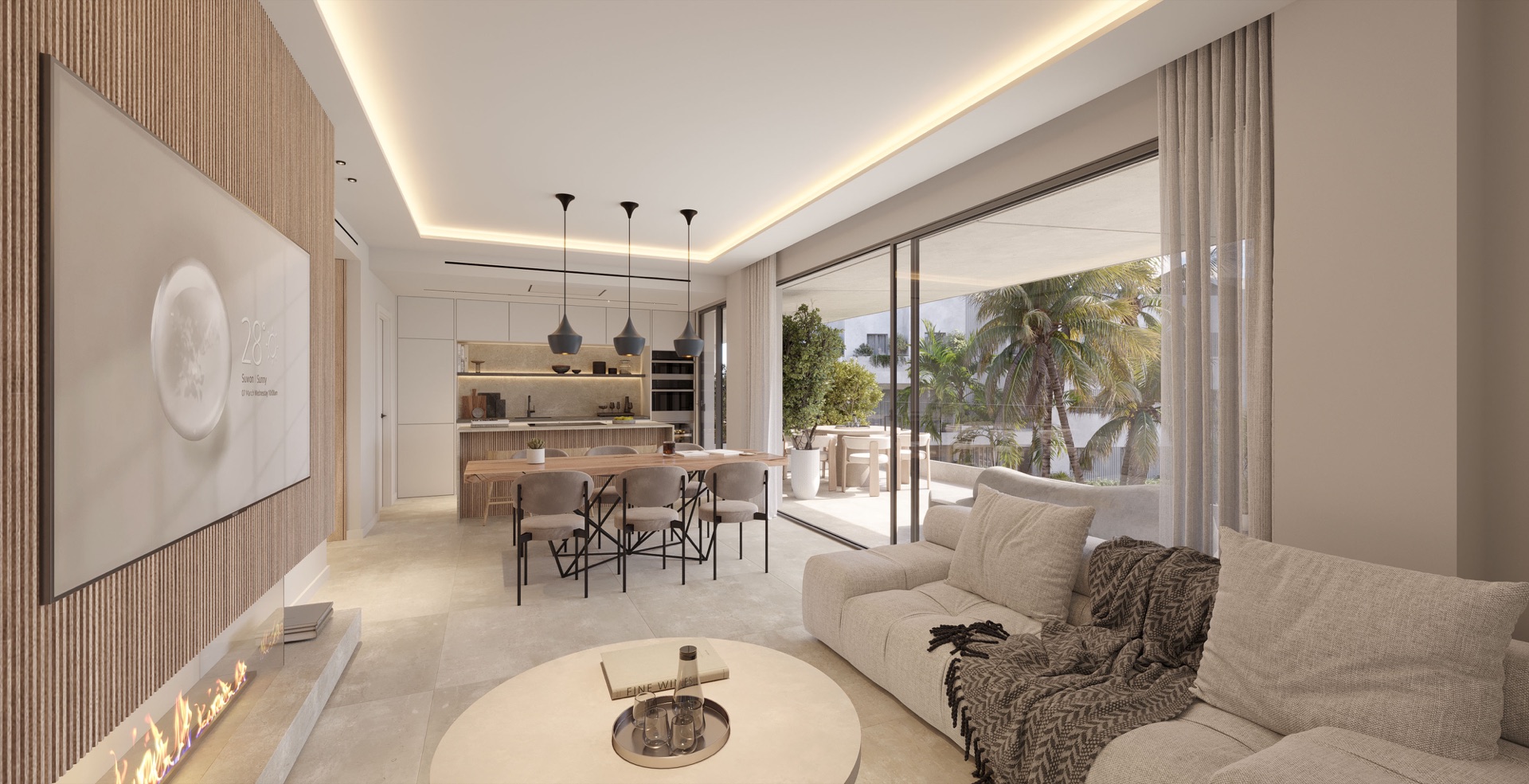 A living and dining room with a long table, a sofa and glass doors opening onto the terrace. The Palms at Estepona, Avenida Bernardo de Gálvez, Estepona.