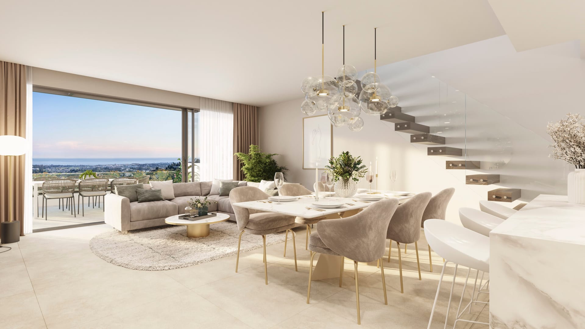 The living room of a penthouse, with the stair up to the solarium. Tiara, La Quinta, Benahavís.