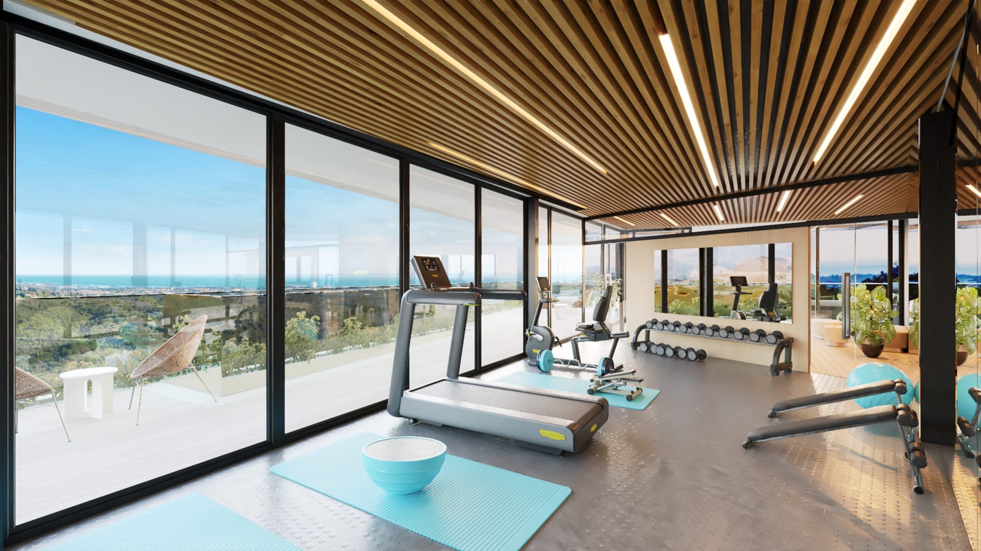 The gym, with glass walls on two sides and the valley beyond. Tiara, La Quinta, Benahavís.