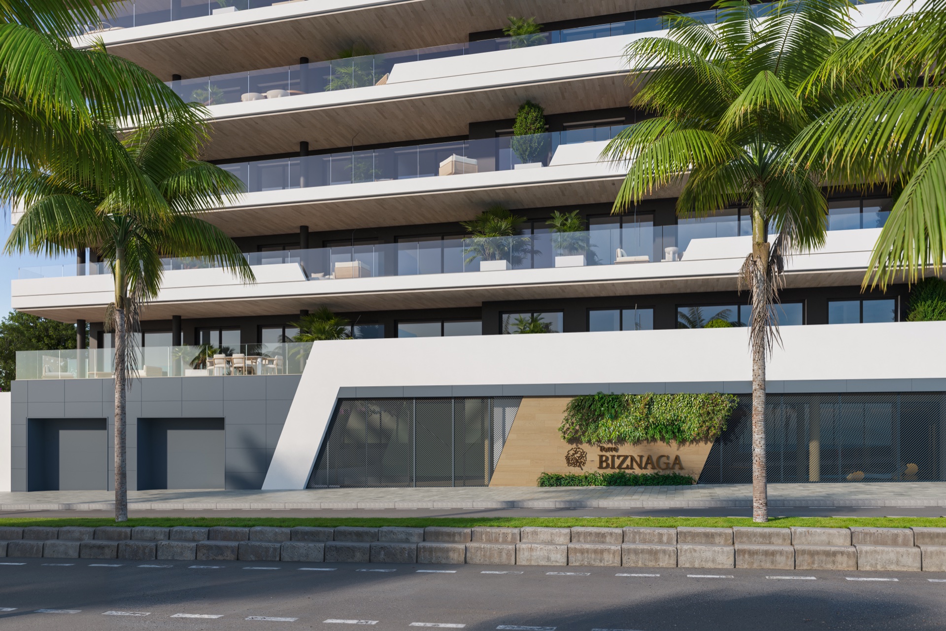 The street front at the entrance, faced in timber under a planted wall. Torre Biznaga, Carvajal, Fuengirola.