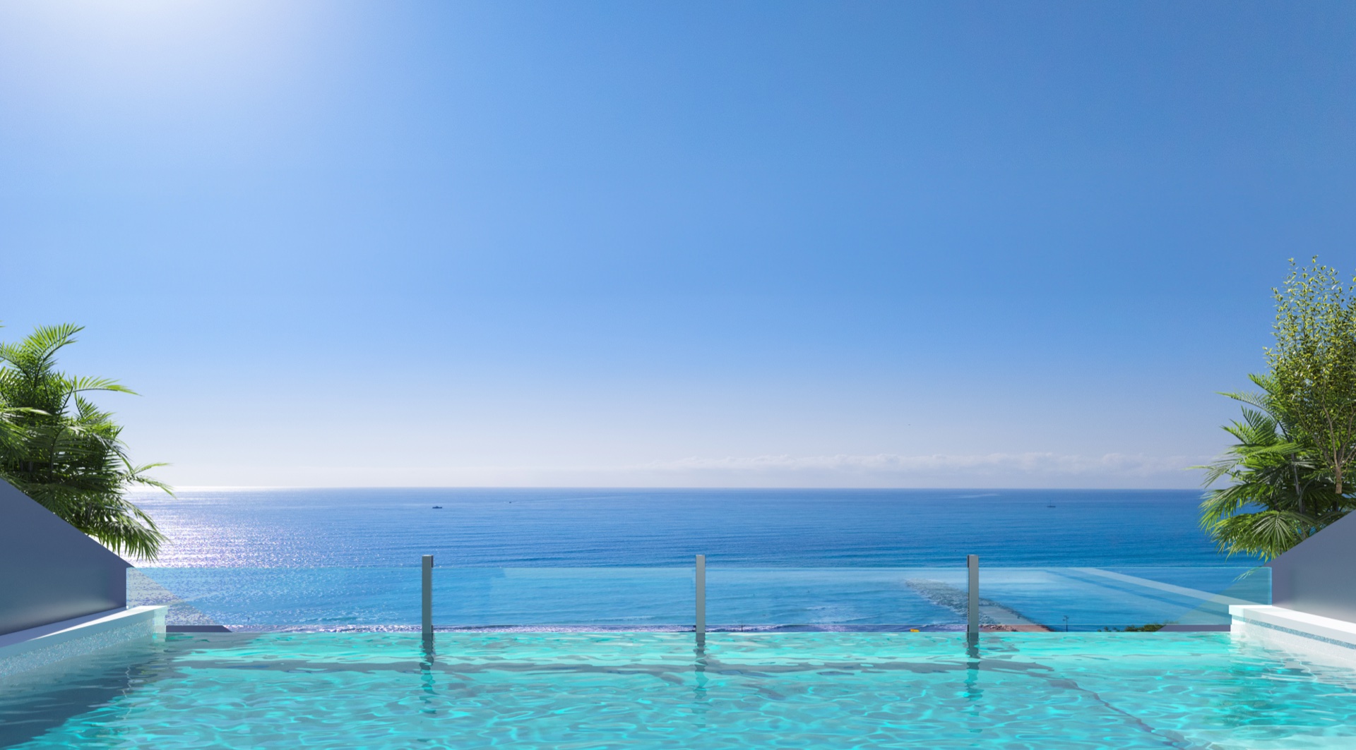 The infinity pool on the roof, its water running out towards the open sea. Torre Biznaga, Carvajal, Fuengirola.