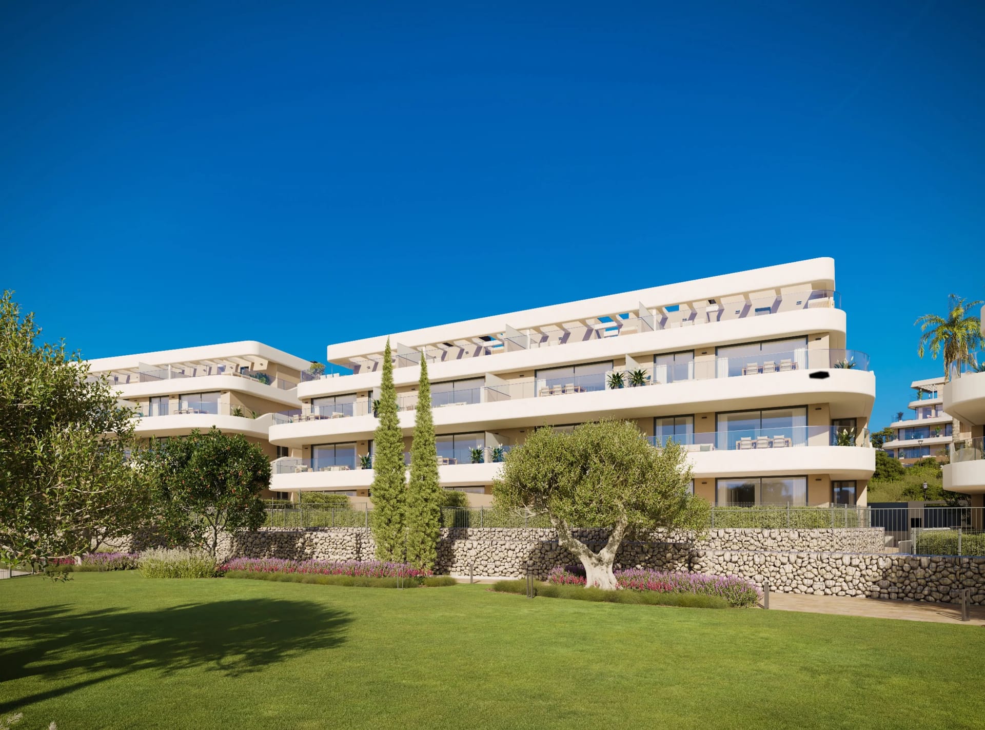 A lawn and an olive tree in the gardens in front of one of the buildings. Unika Collection, Buenas Noches, Estepona.