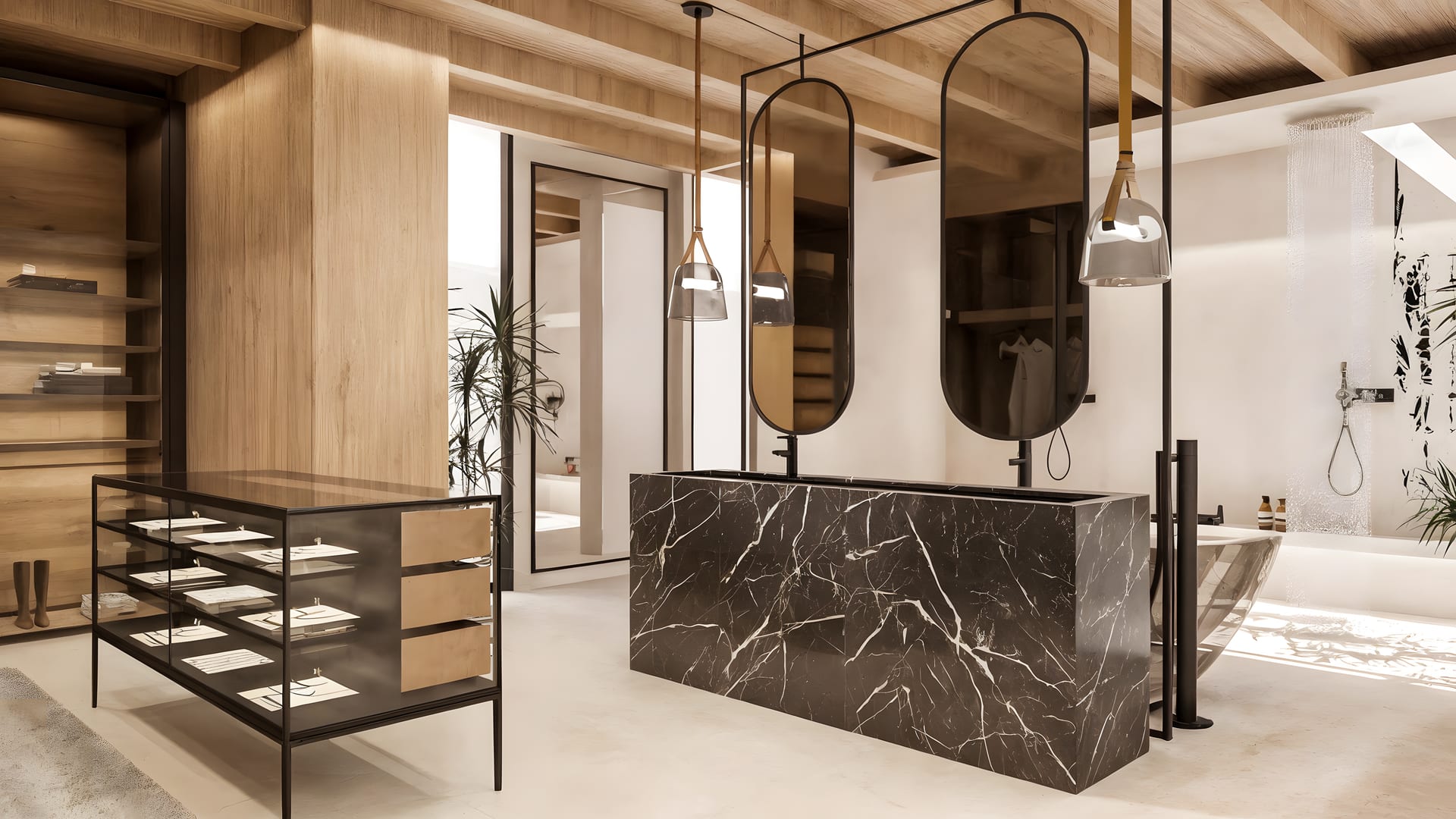 A bathroom with a double basin in black marble veined in white, two oval mirrors, a freestanding bath and a rainfall shower. Unique Pedregalejo, Pedregalejo, Málaga.