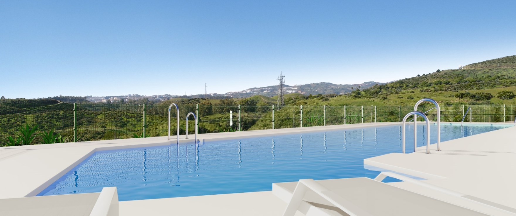The pool, with the green hills of Mijas beyond it. Valley Views, Hipódromo, Mijas.