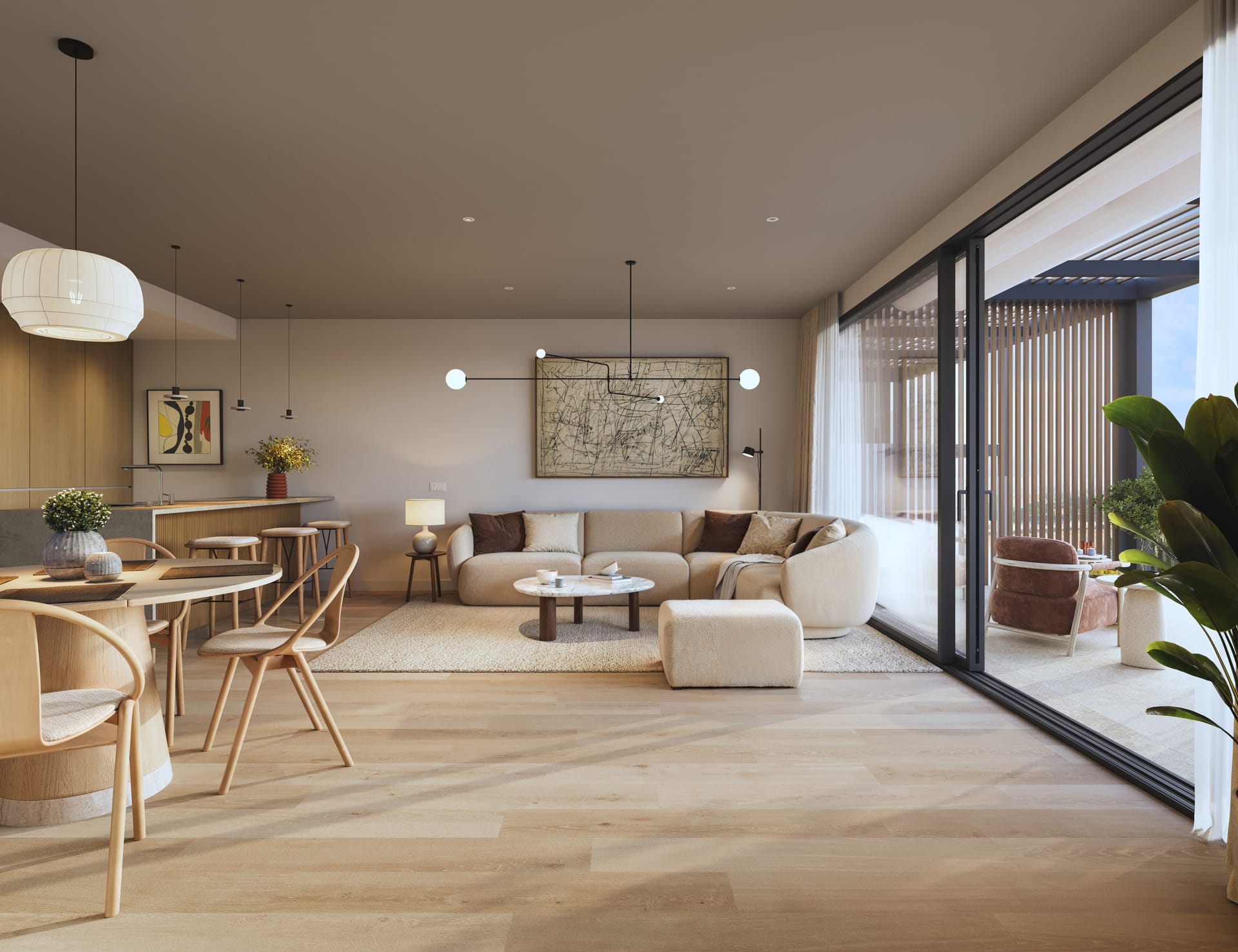 The living room in the larger layout, with the kitchen and a breakfast bar on the left and glass doors along the right to a terrace under a slatted pergola. Veridian, El Higuerón, Fuengirola.