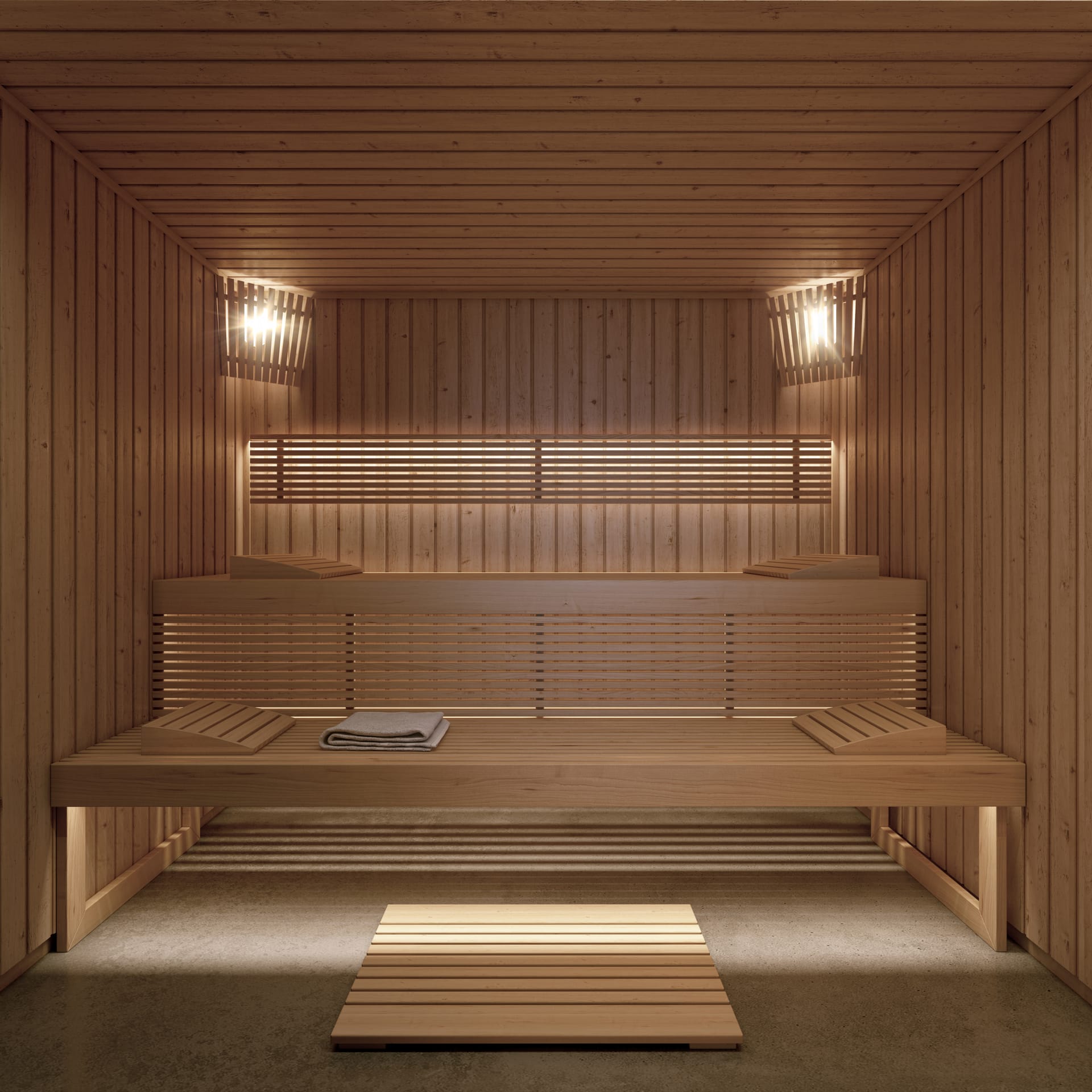 The sauna, lined in pale timber, with two tiers of slatted benches. Veridian, El Higuerón, Fuengirola.