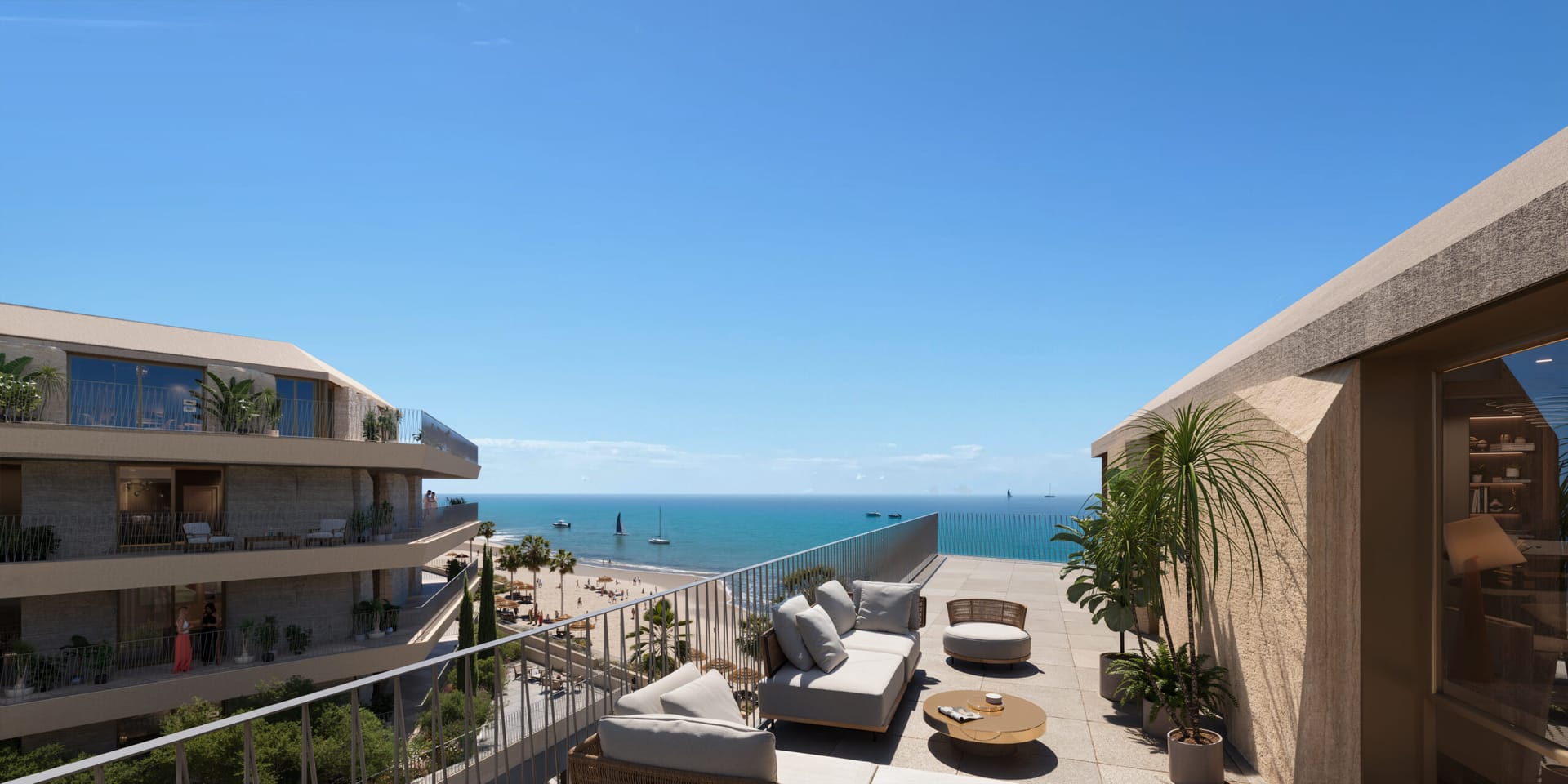 A terrace with outdoor seating, looking out over the sea. Vesta Mare, La Duquesa, Manilva.
