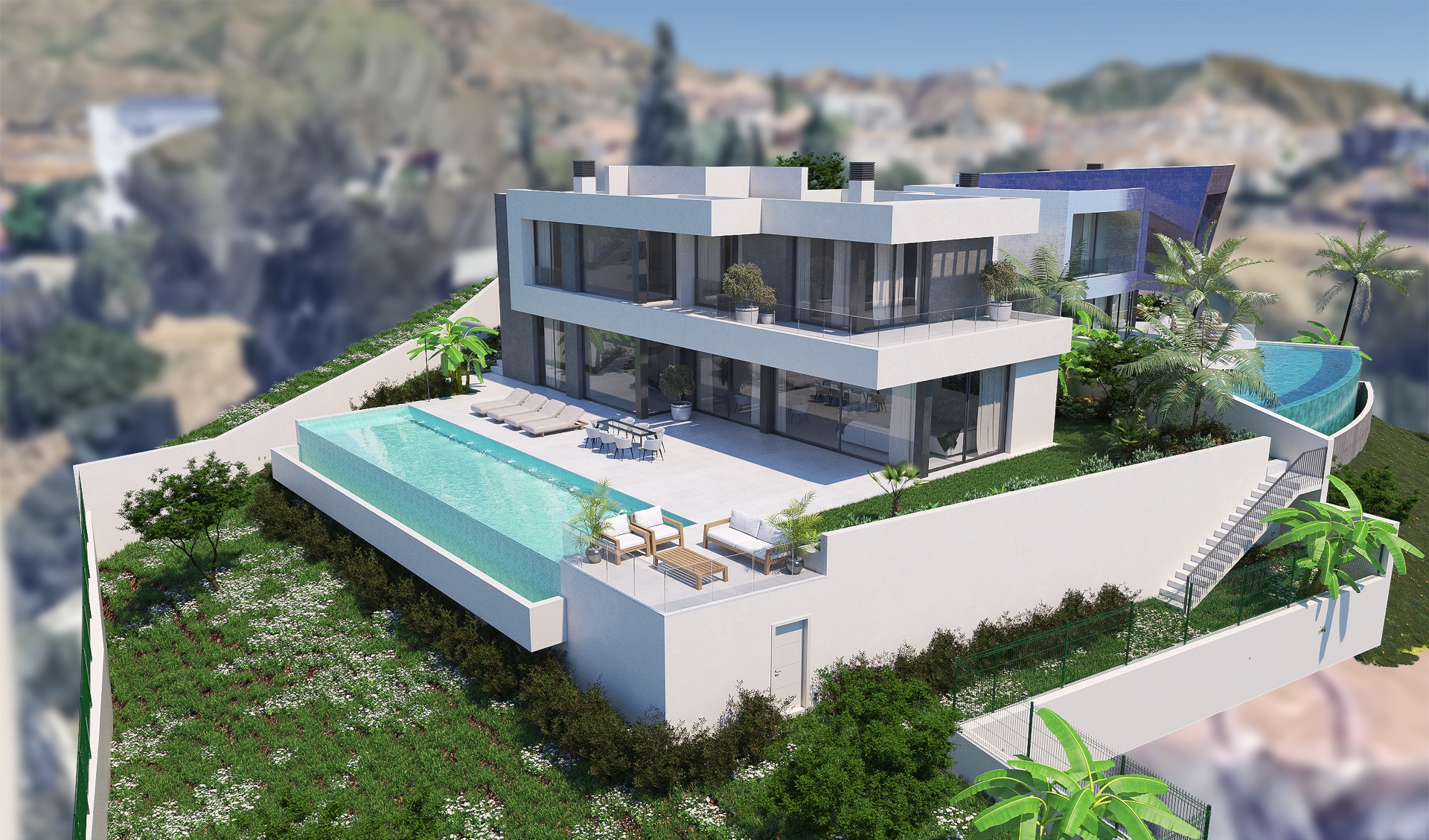The villa from above, with the infinity pool along the edge of the terrace and the garden on the slope below it. Villa Oriana, Mijas Golf, Mijas.