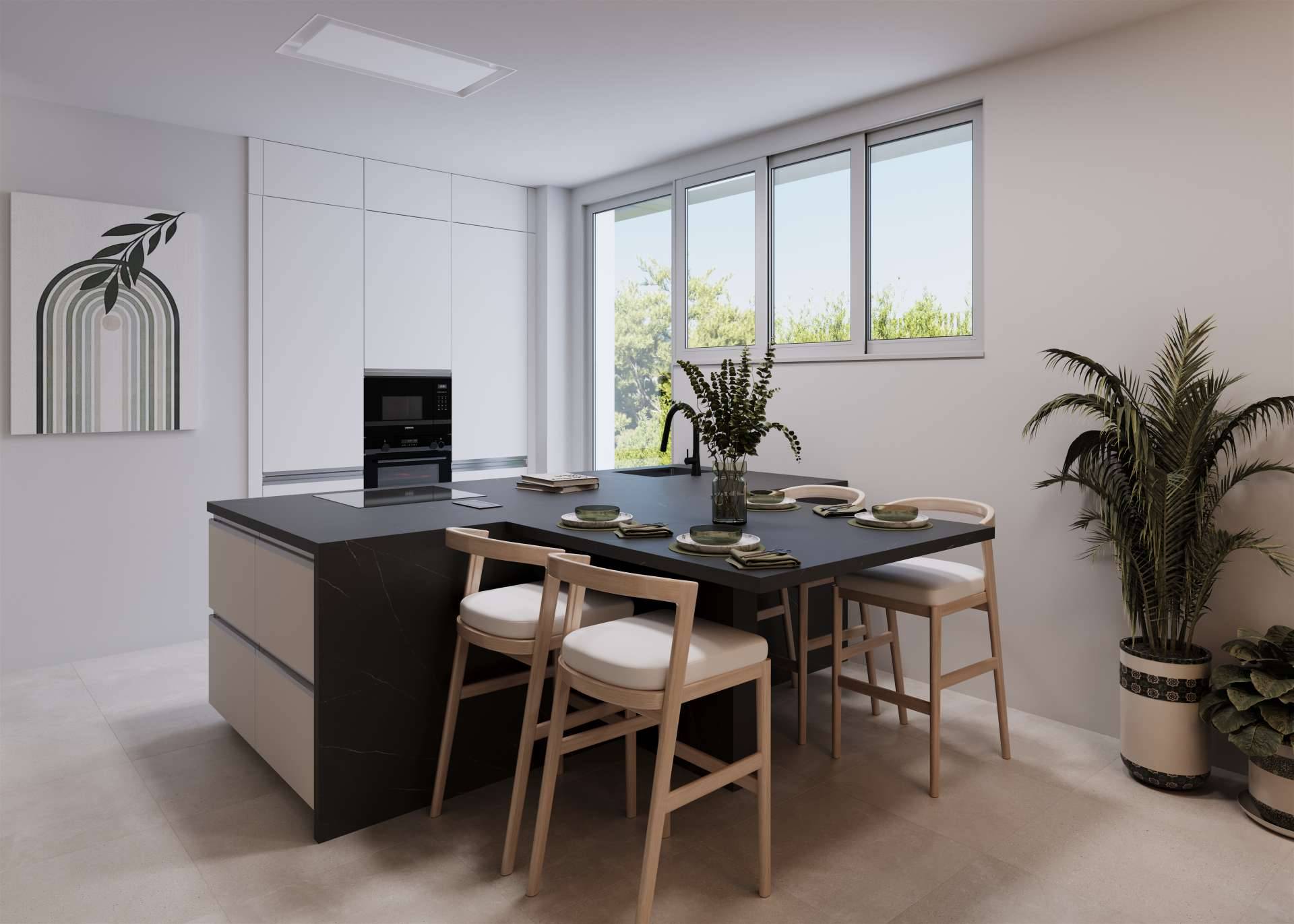 The kitchen, with white units to the ceiling, a built-in oven and a dark island that doubles as a dining table. Villas Monte Palatino, Valle Romano, Estepona.