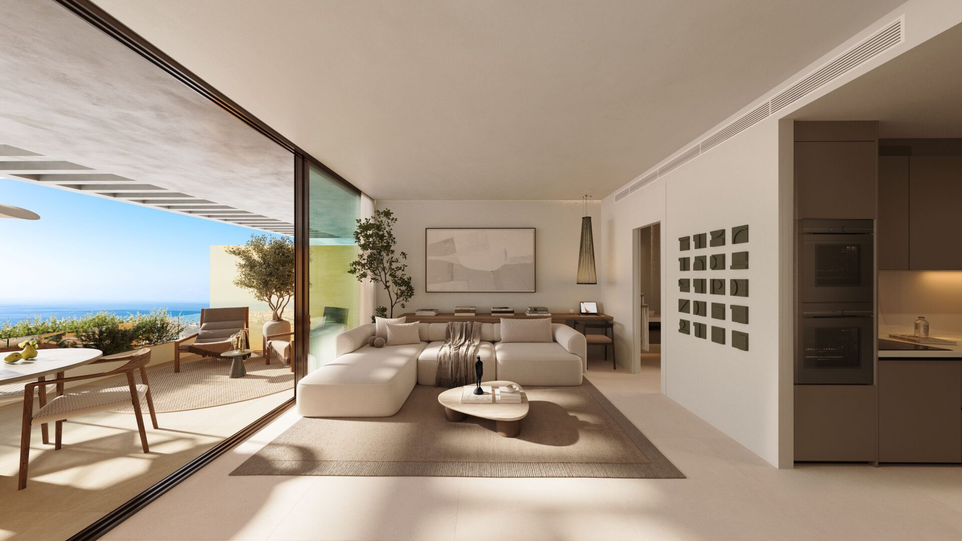 A living room and kitchen opening onto a terrace with a view of the sea, in the developer’s drawing. Waterfall Residences, El Higuerón, Fuengirola.