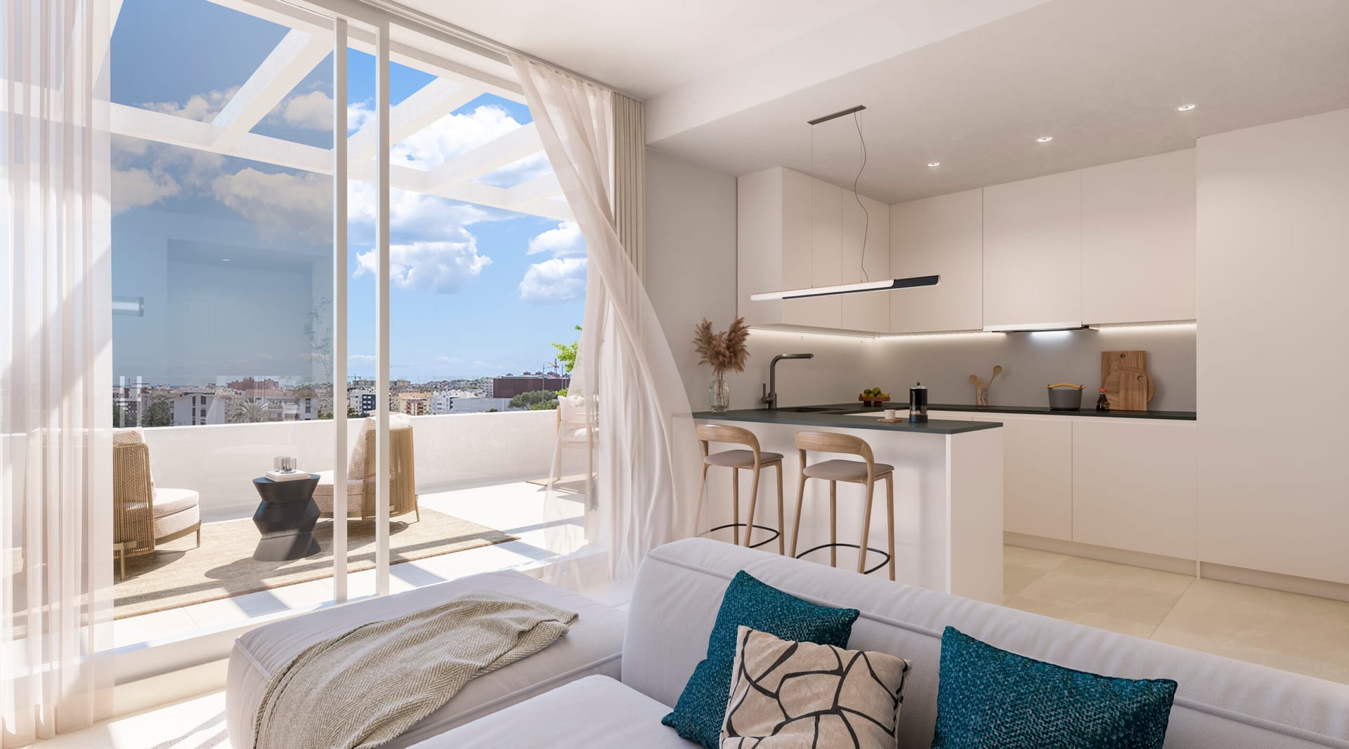 A living room open to a white kitchen with a breakfast bar, and glass doors onto a terrace under a pergola. Zenith Estepona, El Calvario, Estepona.