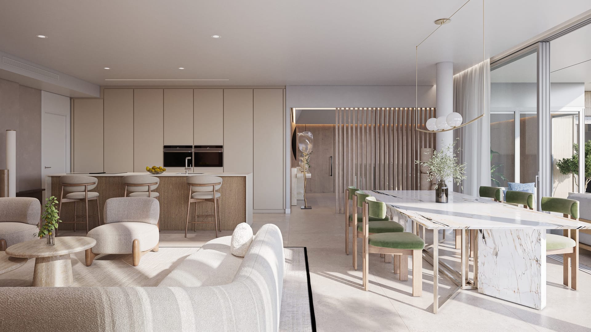 A living room open to the kitchen and a marble dining table, with glass doors along one side. Zenity Cyan, La Gaspara, Estepona.