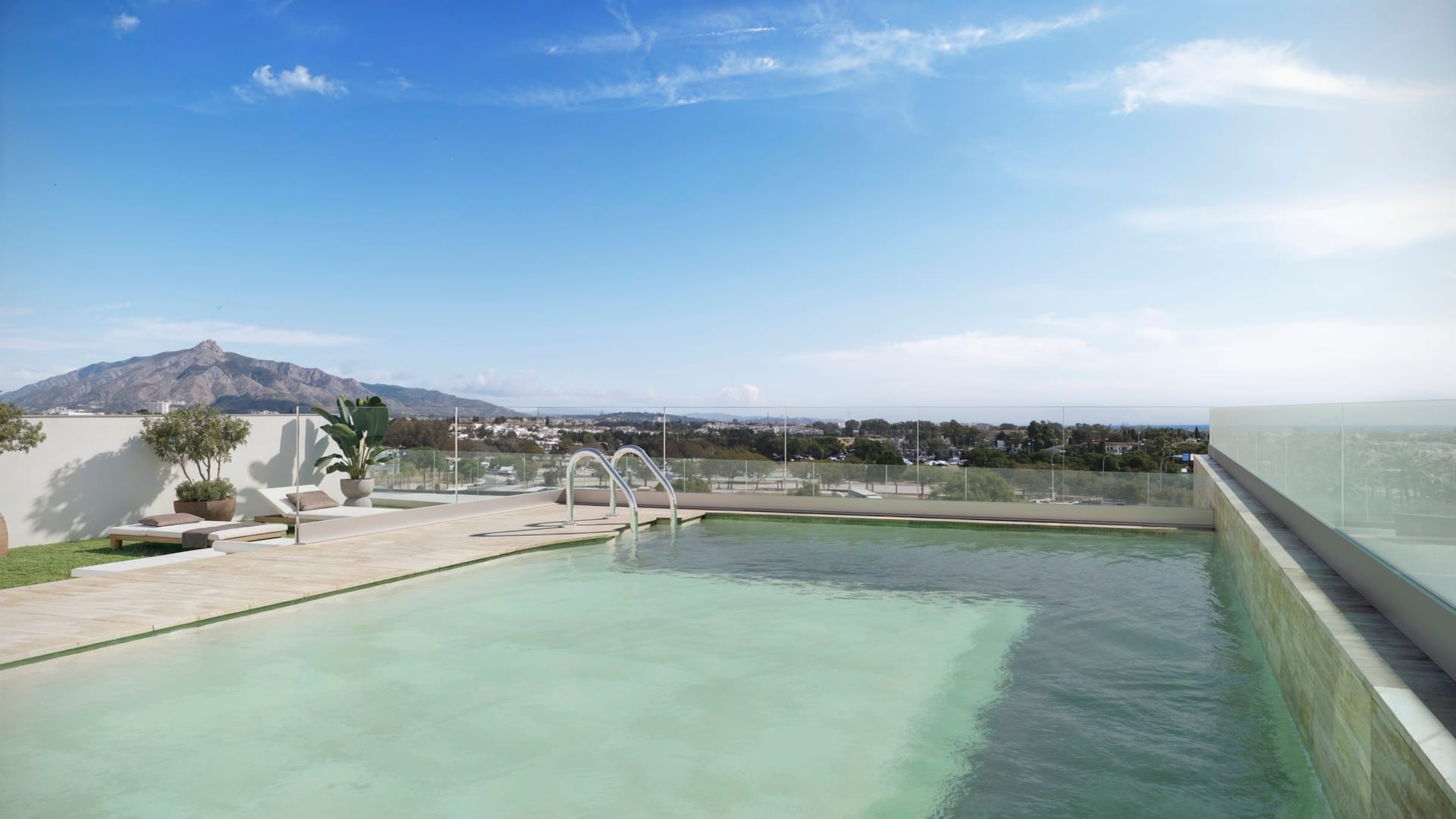 The pool on the first floor, with La Concha mountain behind. Zinnia, San Pedro Alcántara, Marbella.