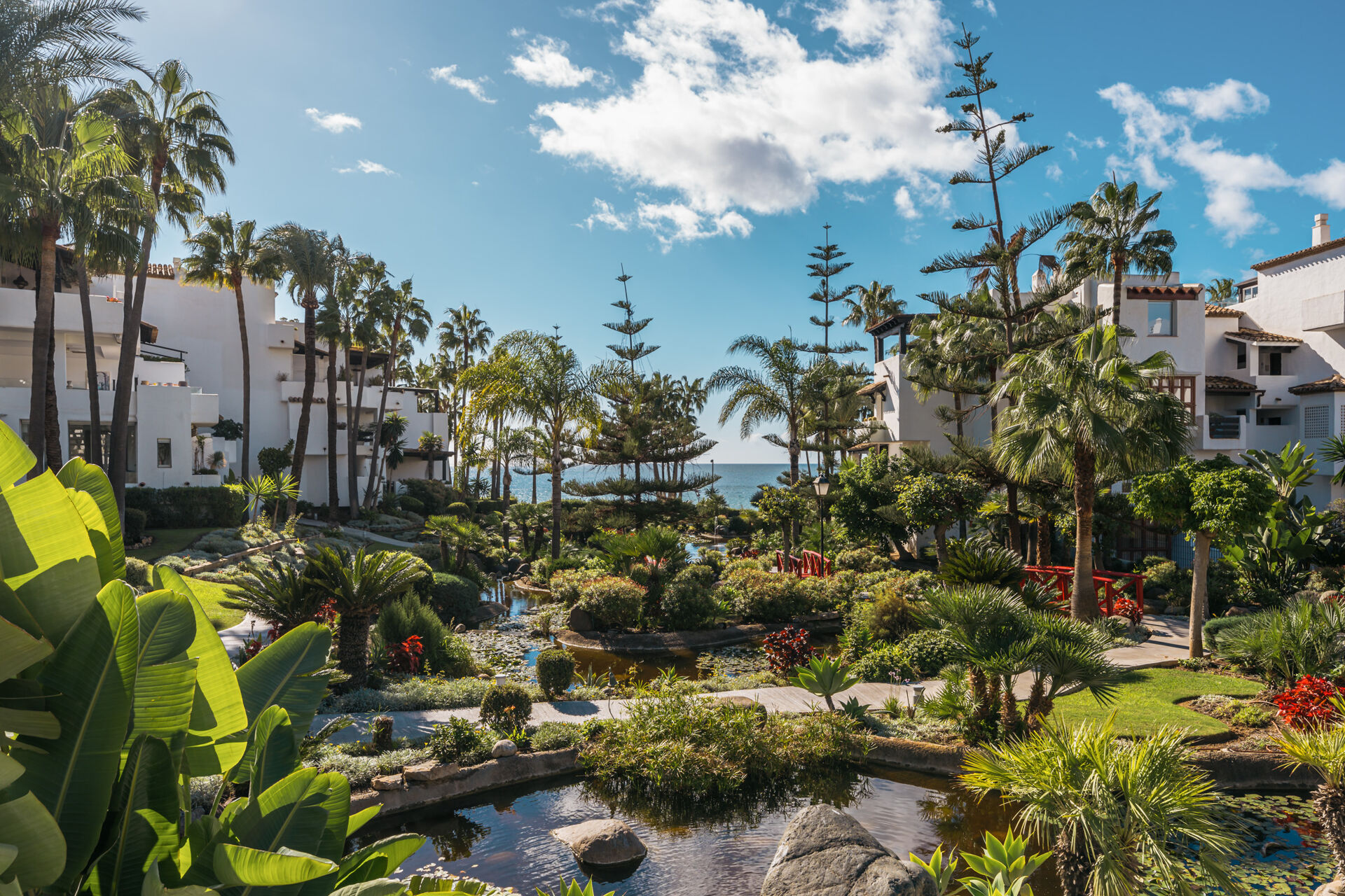 The communal water gardens, with ponds, palms and a red footbridge between the white apartment buildings, and the sea in the distance.